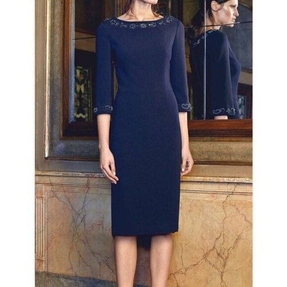 Lucian Matis Sz 4 Dress Beaded Waves Blue Mid Sleeve Cocktail Classic Minimalist - Picture 2 of 10